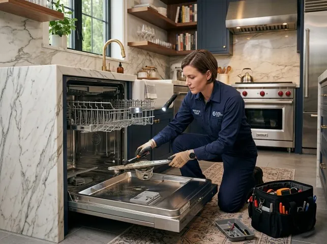 Appliance Repair Hero technician servicing a built-in dishwasher in a Atlasburg, PA kitchen