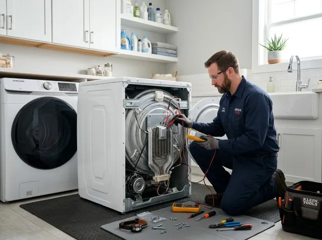 Appliance Repair Hero technician checking a dryer heating element with the rear panel off in Atlasburg, PA