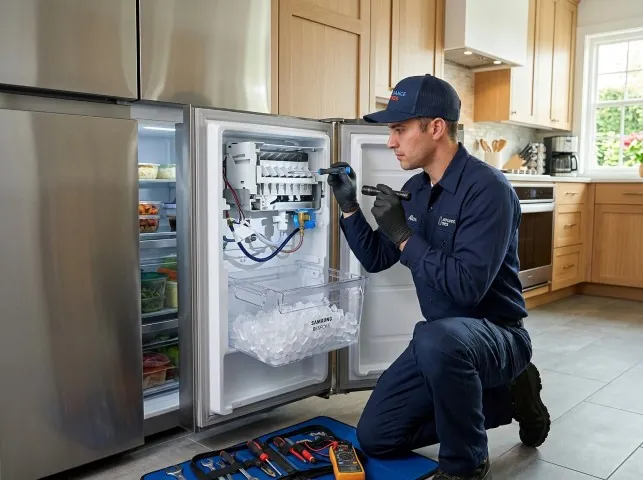 Appliance Repair Hero technician repairing a refrigerator ice maker in Atlasburg, PA