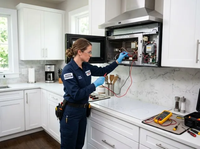Appliance Repair Hero technician testing an over-the-range microwave in a Atlasburg, PA kitchen