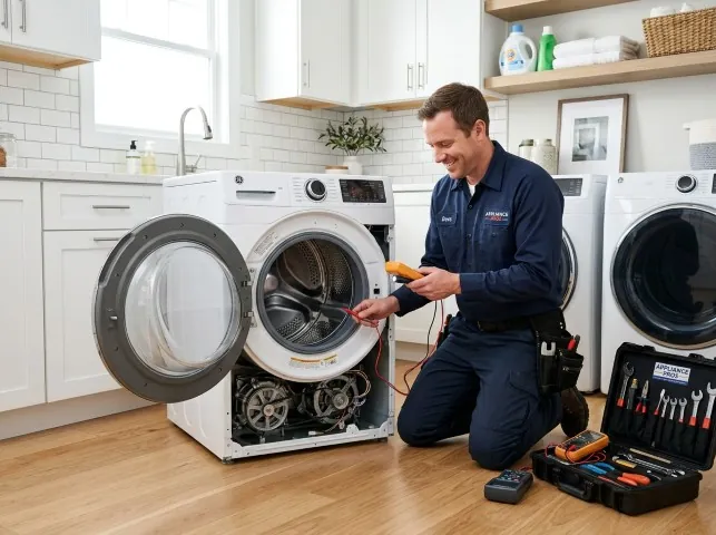 Appliance Repair Hero technician testing a front-load washer with a multimeter on a Atlasburg, PA service call